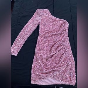 pink sequin one shoulder dress
